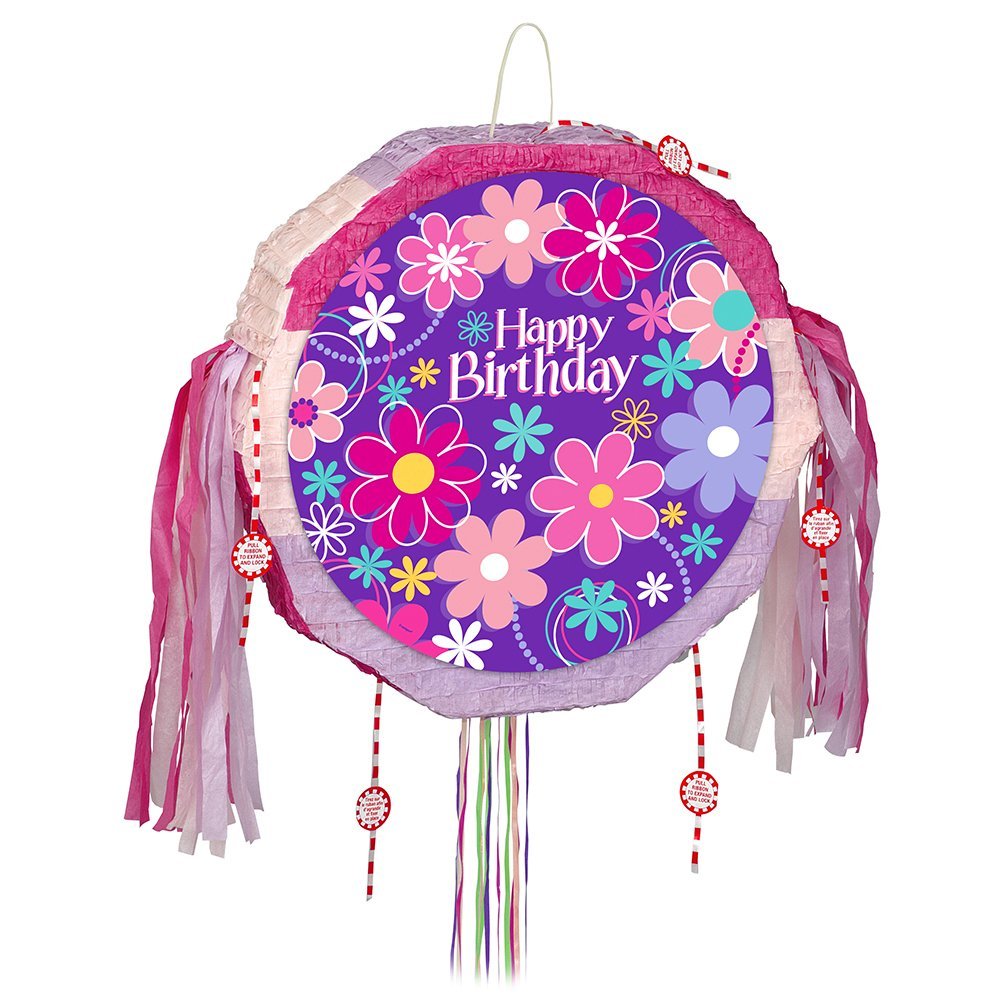 Birthday Blossom Multicolor Round Drum Pull Pop Out Pinata (46cm) 1 Count - Fun Party Activity for All Ages