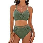 Blooming Jelly Women High Waisted Bikini Sets Tummy Control Swimsuits Modest Mesh Metal Crisscross Back Bathing Suit