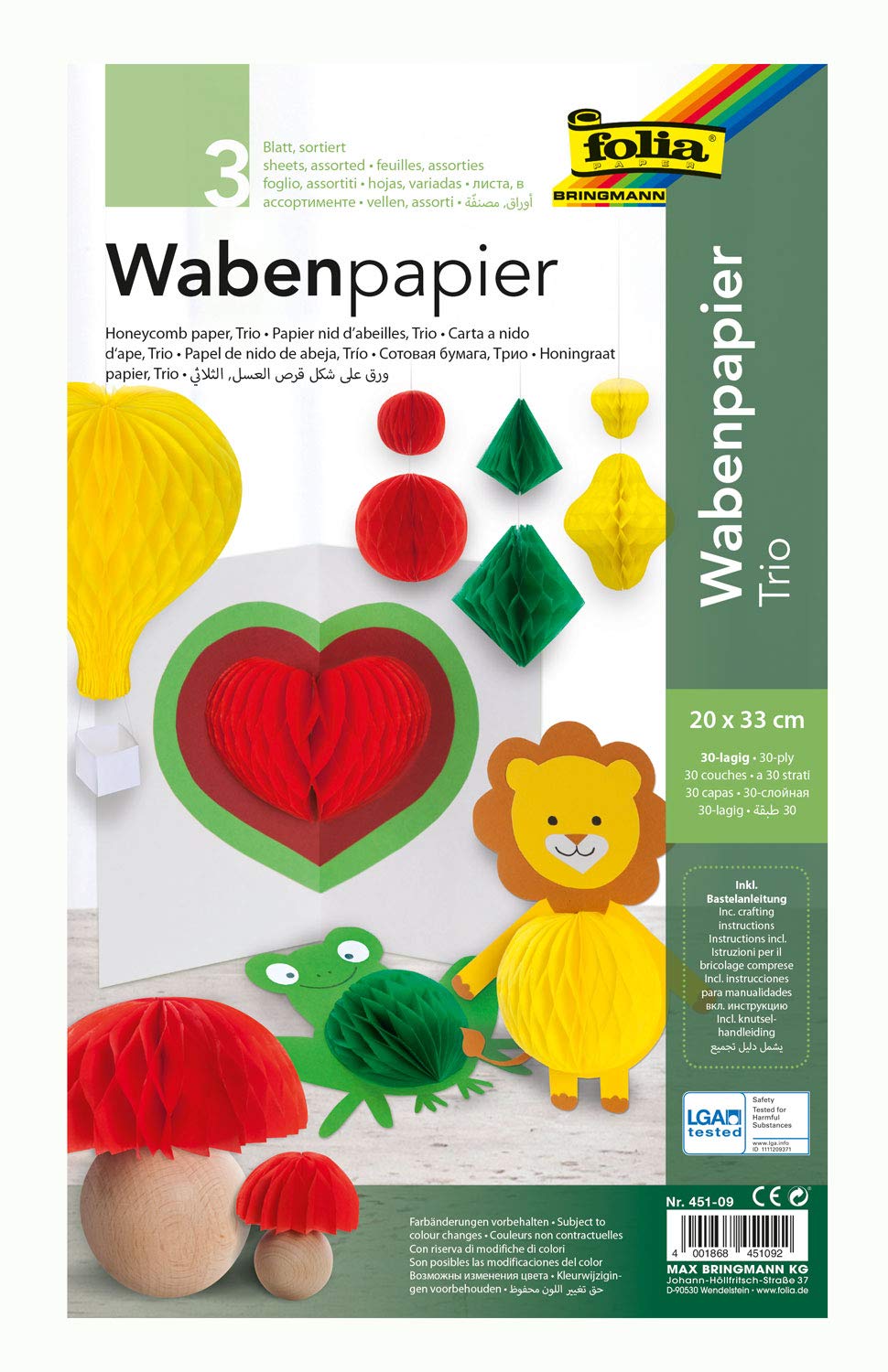 Folia 09 – Honeycomb Paper 30, 20 x 33 cm, 3 Sheets, Assorted Colours, Multi-Colour