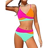 WIQI Girls Swimsuit Bikini Set 2 Piece Bathing Suits Color Block Criss Cross Swimwear Size 9-16