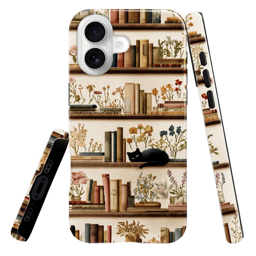 heindiy Compatible with iPhone 17 Case,Glossy Case All-Round Protection Shockproof Anti-Scratches TPU Cover,Cases for Man Woman-Bookshelf Books Plants Cat