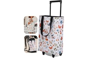Dxiywa Foldable Rolling Bag, Portable Small Shopping Cart with Wheels, Collapsible Shopping Tote with Stylish Pattern for Market & Grocery Runs–Gift for Women & Seniors, Expandable L, White