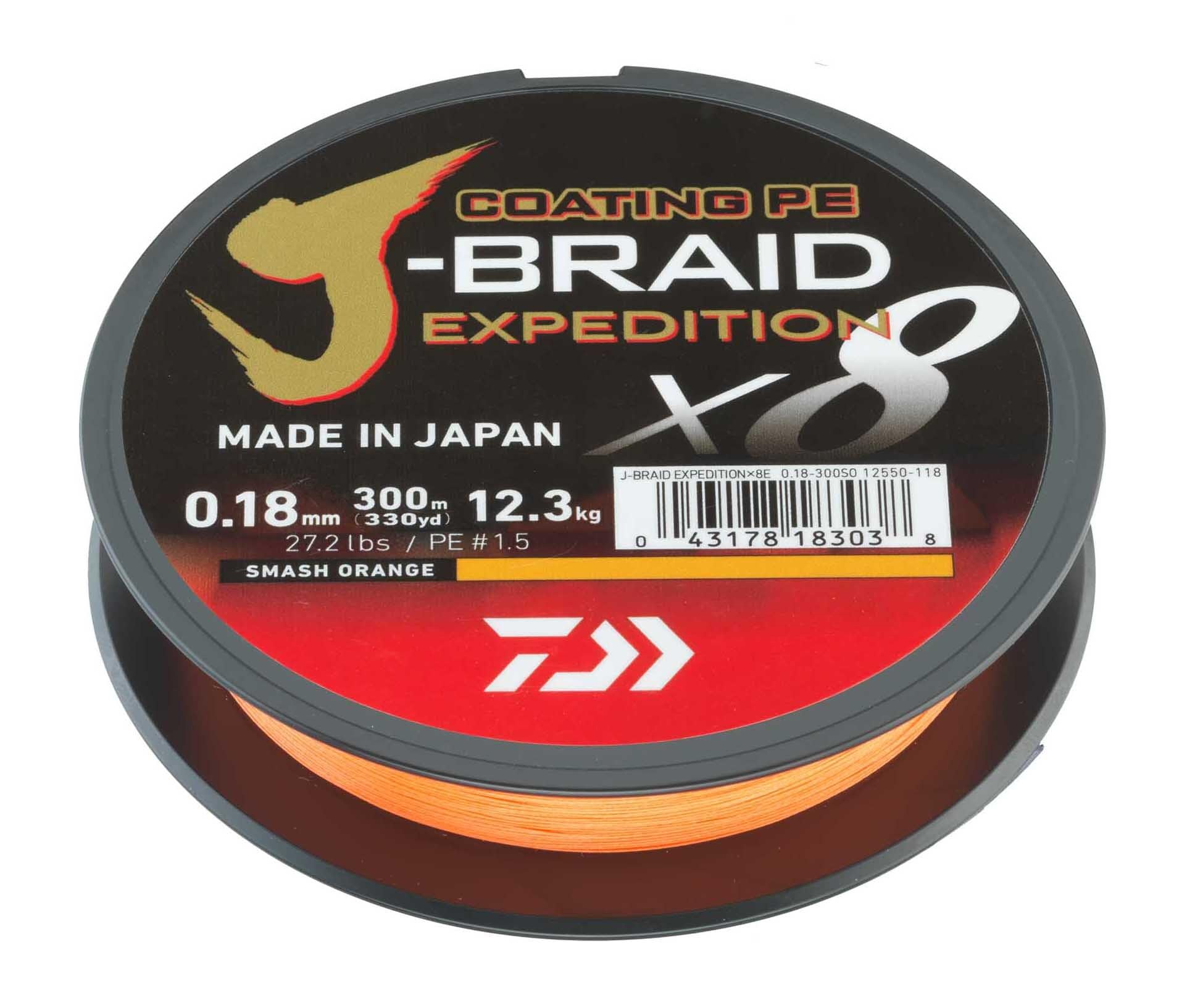 DAIWA J-Braid Expedition X8E, 0.28mm, 26.4kg/58.3lbs, 300m, Smash Orange, Braided Fishing Line, 12550-128