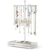 Meangood Jewelry Tree Stand Organizer 3in1 Necklace Organizer Display Bracelet Earrings and Ring Tray Jewelry Holder Hanger Metal(White)