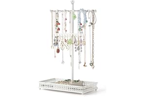Meangood Jewelry Tree Stand Organizer 3in1 Necklace Organizer Display Bracelet Earrings and Ring Tray Jewelry Holder Hanger Metal（White）