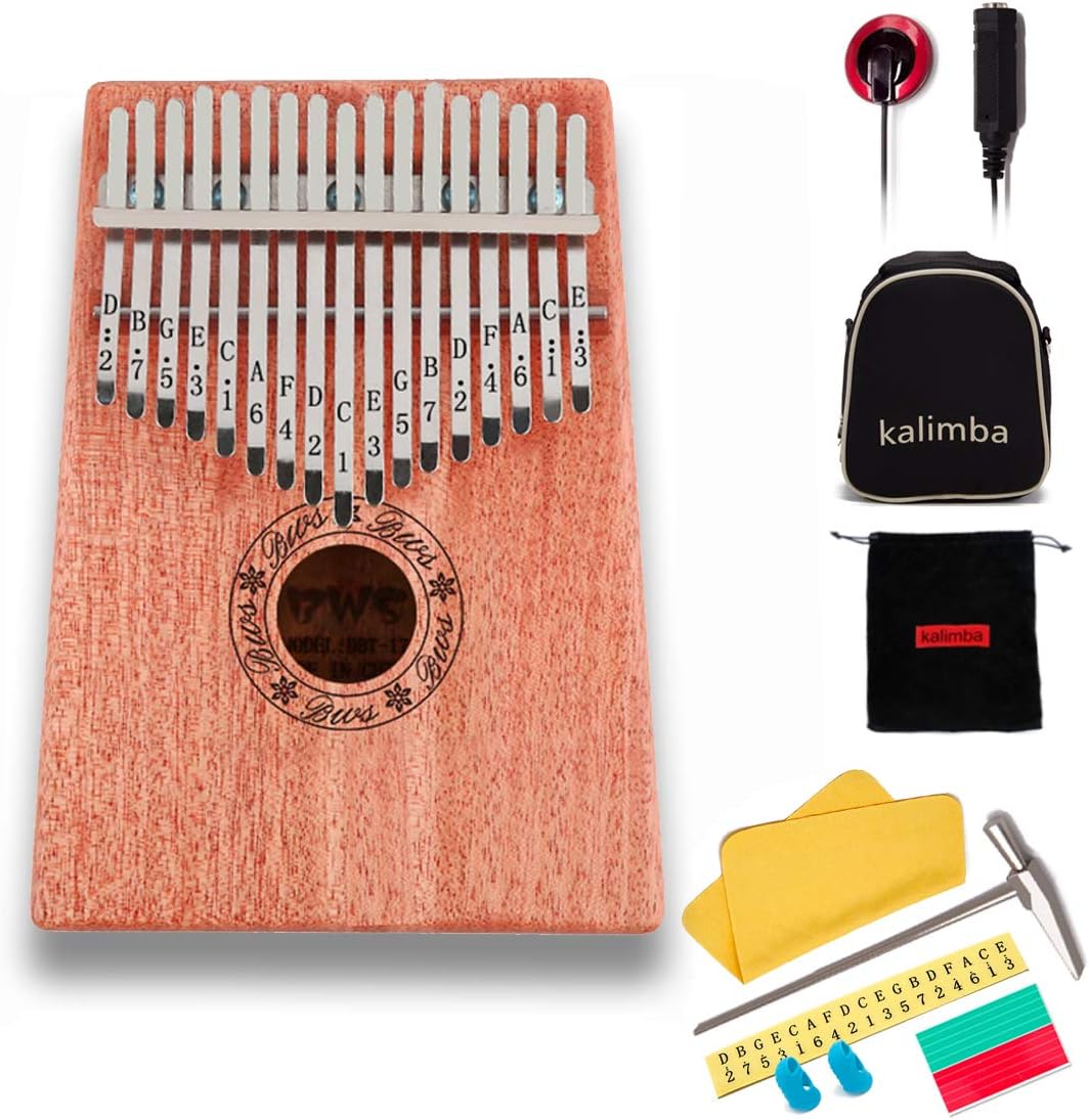 17 Keys Kalimba Thumb Piano Mbira Sanza Mahogany Body, with Multifunctional pickupsand Tune Hammer, for Beginners and Advanced Players (Natural)