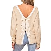CUPSHE Women's Fall Pullover Top Bow Ribbed Knit Crew Neck Long Sleeve Contrast Trim Sweater