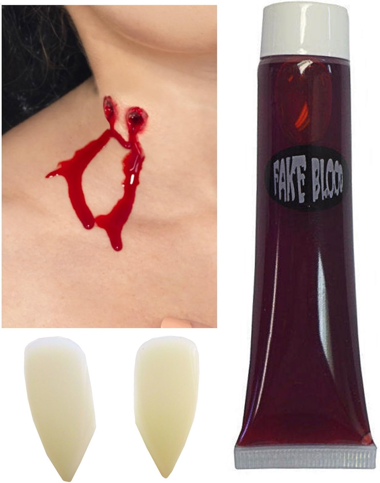 Vampire Fangs Teeth/Fixing Putty+Bite Puncture Wound Scar+Tube Blood Halloween