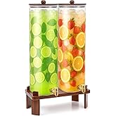 FillTouch 2 Pack 5 Gallon Glass Drink Dispenser with Acacia Wood Stand and Lid, Large Glass Beverage Dispenser with Spigot Perfect for Juice, Tea, Sangria, Lemonade, Weddings, Party, Outdoor Events