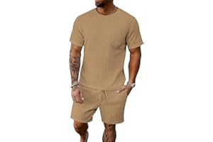 BEALIN Men's Summer Beach Outfits 2 Piece Vintage Short Sleeve T Shirts and Shorts Vacation Texture Sets for Men