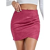 Rooscier Women's Suede Ruched Wrap High Waist Bodycon Zipper Back Mini Skirts