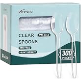 [300 Count] Clear Heavy Duty Plastic Spoons, Disposable Silverware Spoons Bulk, Plastic Cutlery Utensils Set, Solid