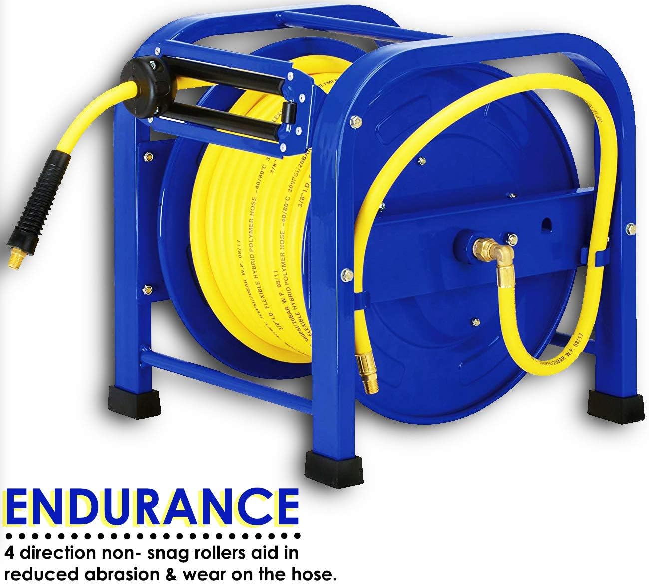 GOODYEAR Air-Hose-Reel Retractable 3/8" Inch x 100 Feet 300 Psi / 20 Bar Spring Driven Steel Elite Portable Quad Pod Heavy Duty Industrial Longest Premium Commercial Flex Hybrid Polymer - - 