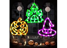 Halloween Decorations Lights,3PCS Halloween Lights Halloween Window Decorations, Orange Pumpkin, Purple Witch Hat, Green Hous