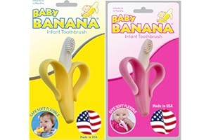 Yellow and Pink Bundle of Baby Banana Infant Toothbrushes-Teethers, Made in USA, Bendable Food Grade Silicone, Family-Owned B