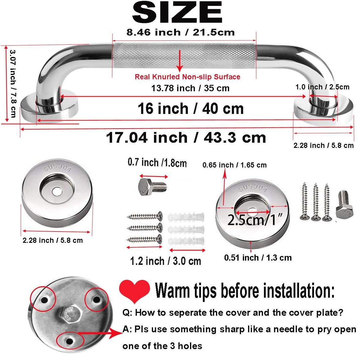 2 Pack 16 Inch Anti Slip Shower Grab Bar Handle, ZUEXT Chrome Stainless Steel Bathroom Grab Bar, Knurled Bathroom Balance Bar,Safety Hand Rail Support,Handicap Elderly Injury Senior Assist Bath Handle: Health & Personal Care