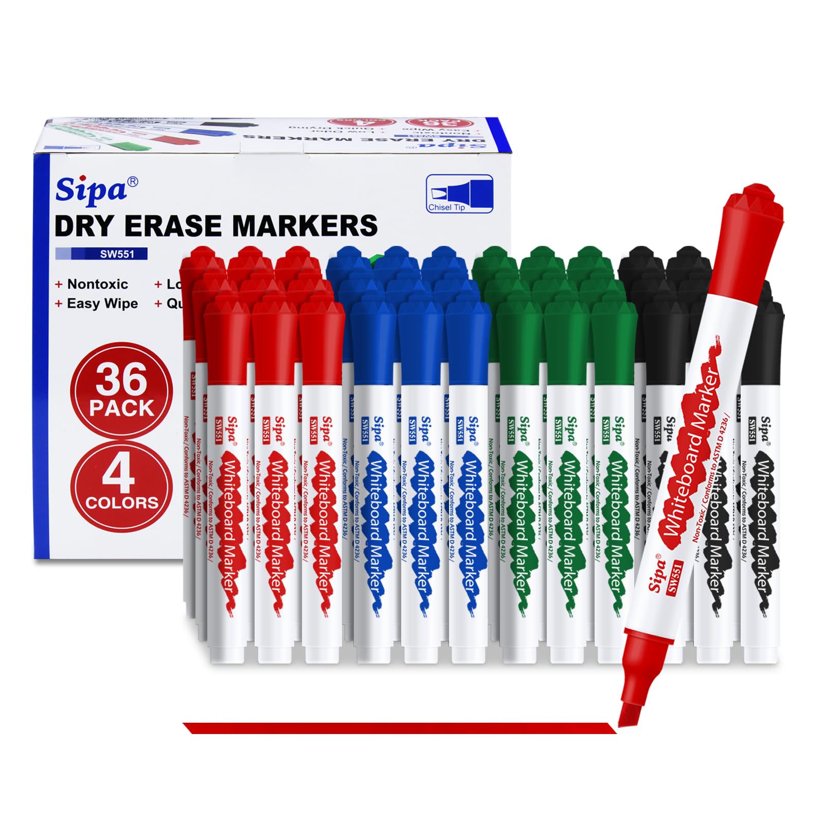 Sipa Whiteboard Markers Pens, 36 Bulk Dry Wipe Chisel Tip Erasable White Board Markers Pens Colour, Low Odor Flip Chart Markers, Ideal for Classroom, Office, Teachers and Students