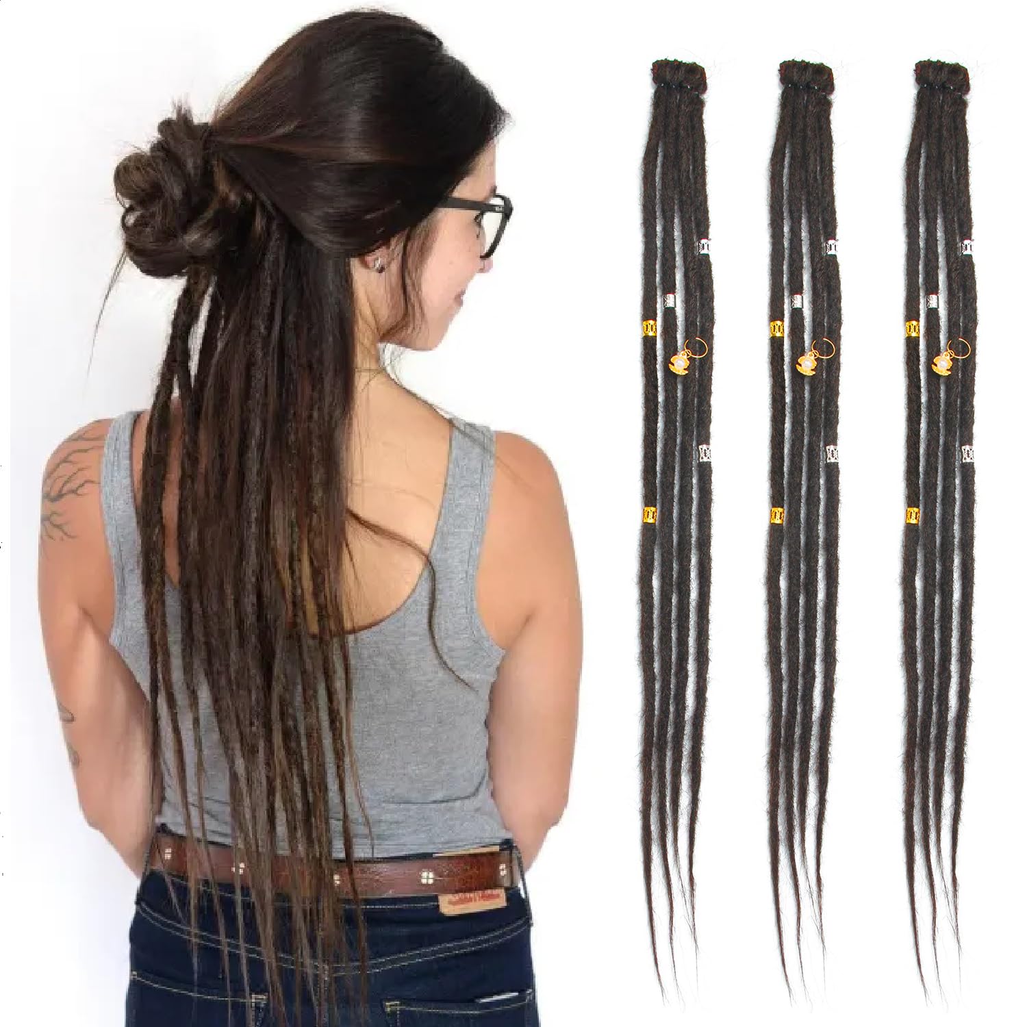 Dsoar Clip In Dreadlock Extensions 20 Inch 3PCS Handmade 0.6cm Synthetic Dreads with Clips Soft Crochet Loc Extensions(4#)