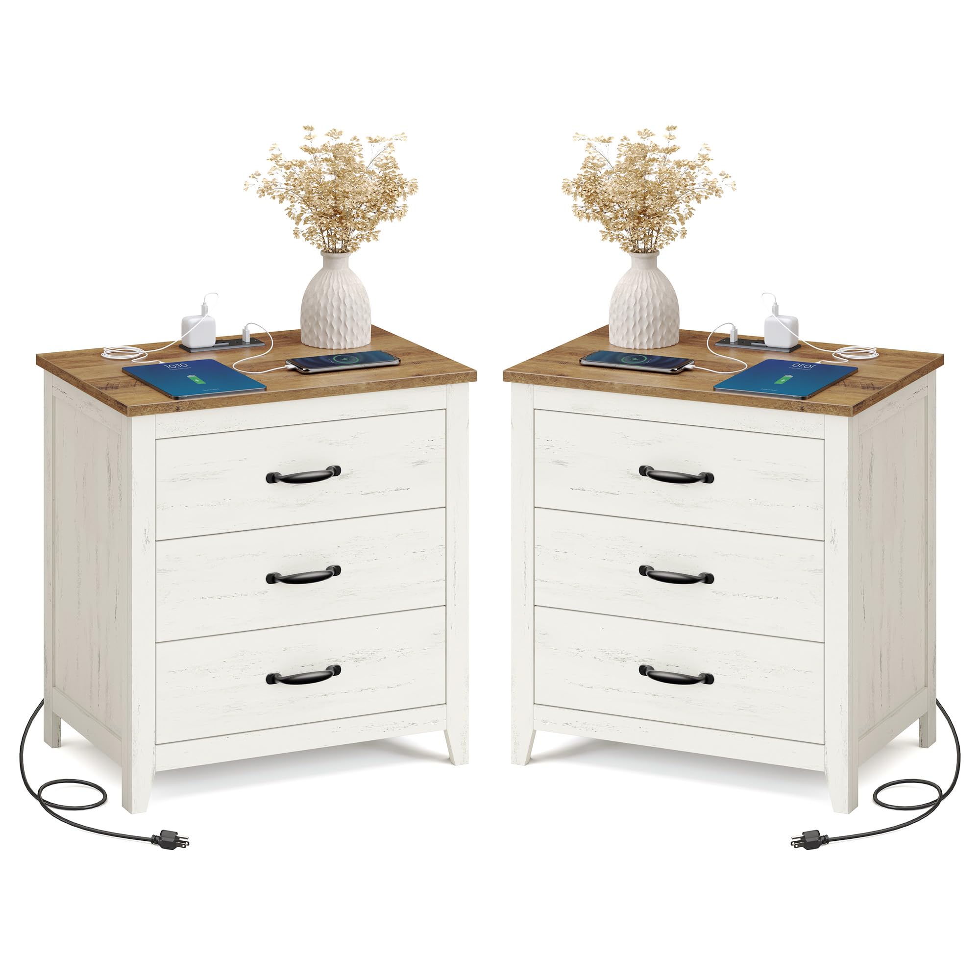 Photo 1 of ***ONLY 1 TABLE*** VASAGLE LIRY Collection - Farmhouse Nightstand with Charging Station, Set of 2, Bedside Tables, Side End Tables with 3 Drawers, for Bedroom, Rustic White and Honey Brown ULET979W01