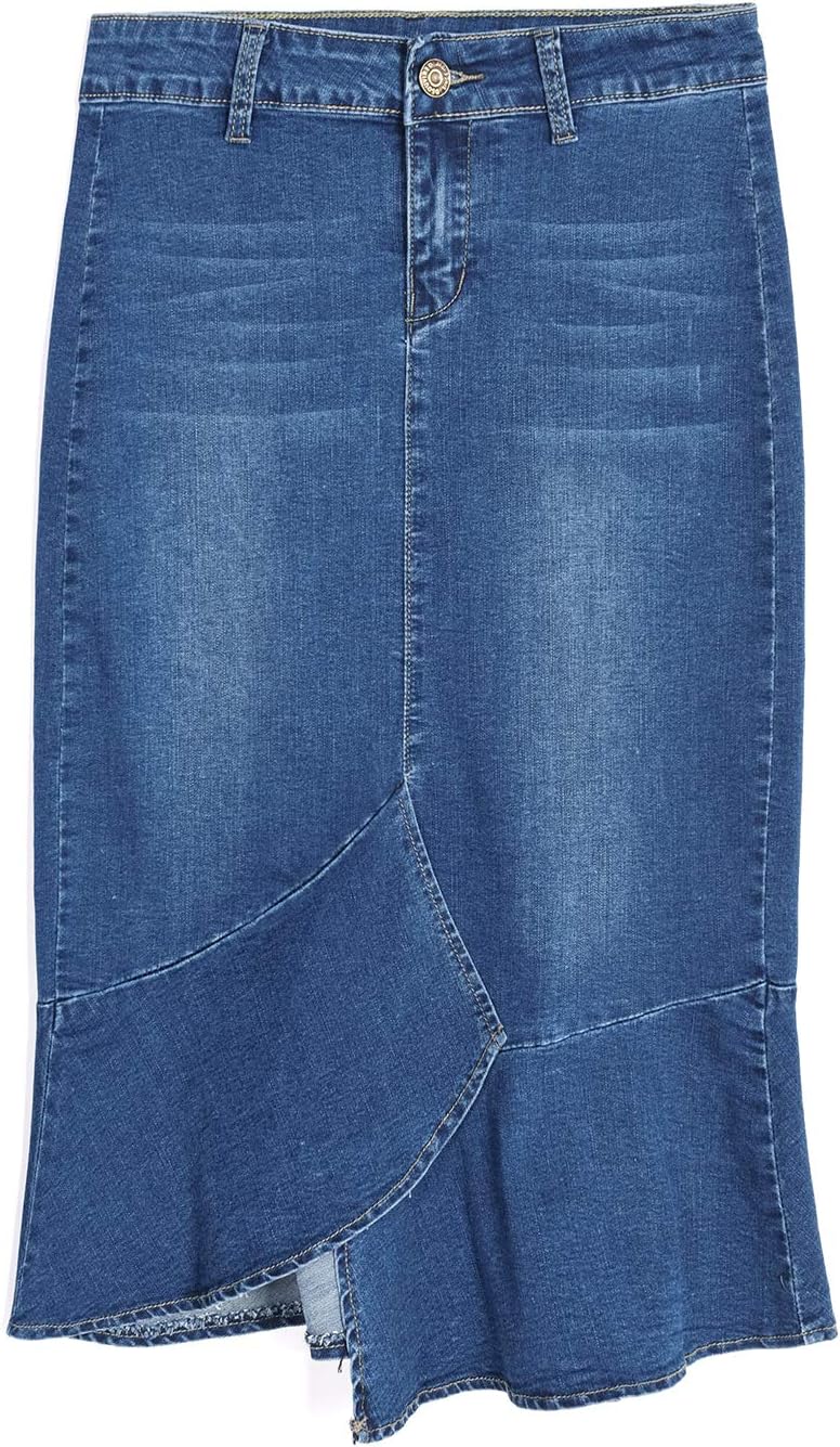 Women's High-Waist Denim Midi Skirt Irregular Fishtail Jean Skirt