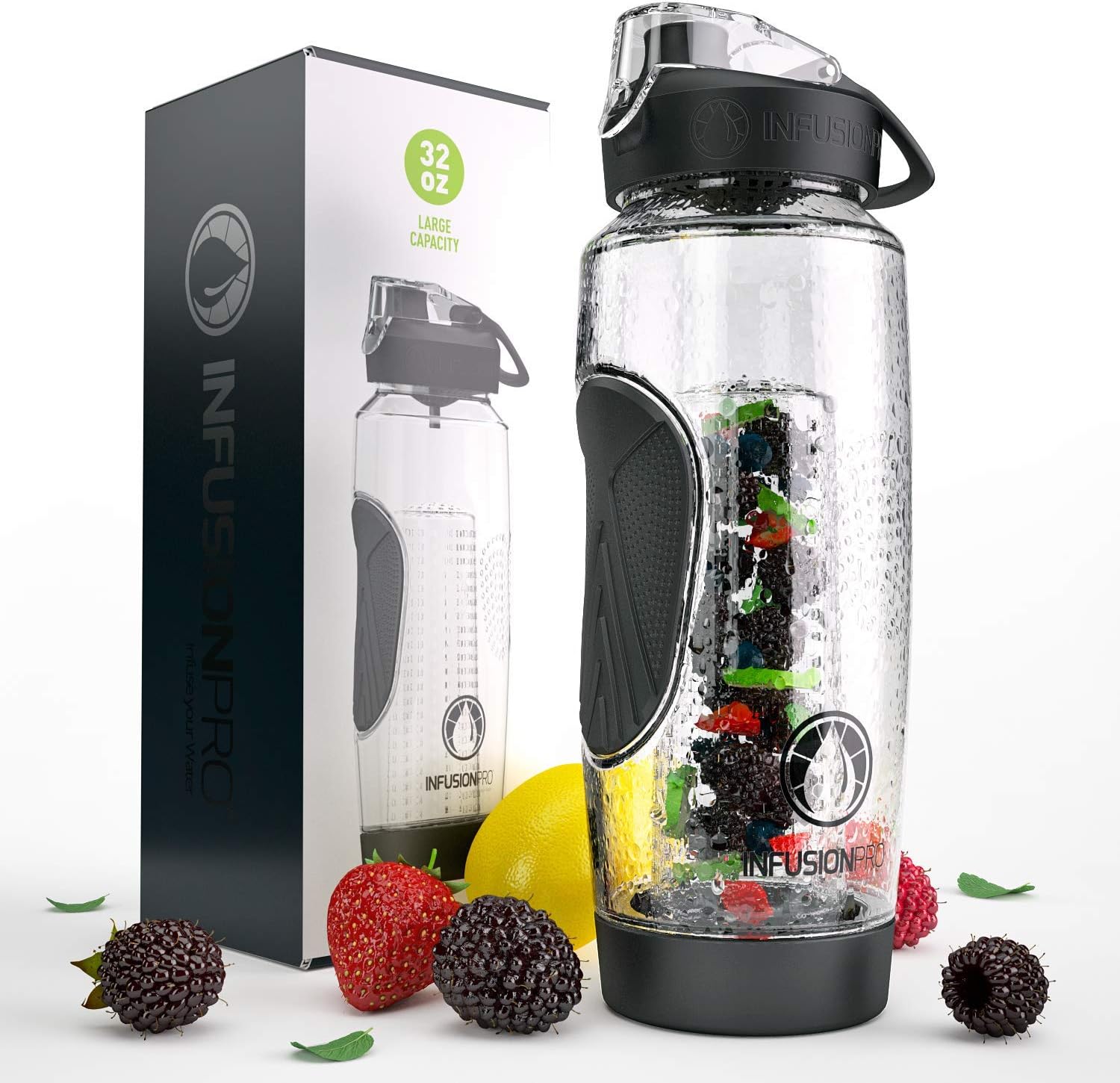 Infusion Pro 32 oz. Fruit Water Bottle Infuser with Insulated Sleeve & Infusion eBook :: Bottom Loading, Large Cage for More Flavor & Pulp Strainer :: Delicious, Healthy Way to Up Your Water Intake