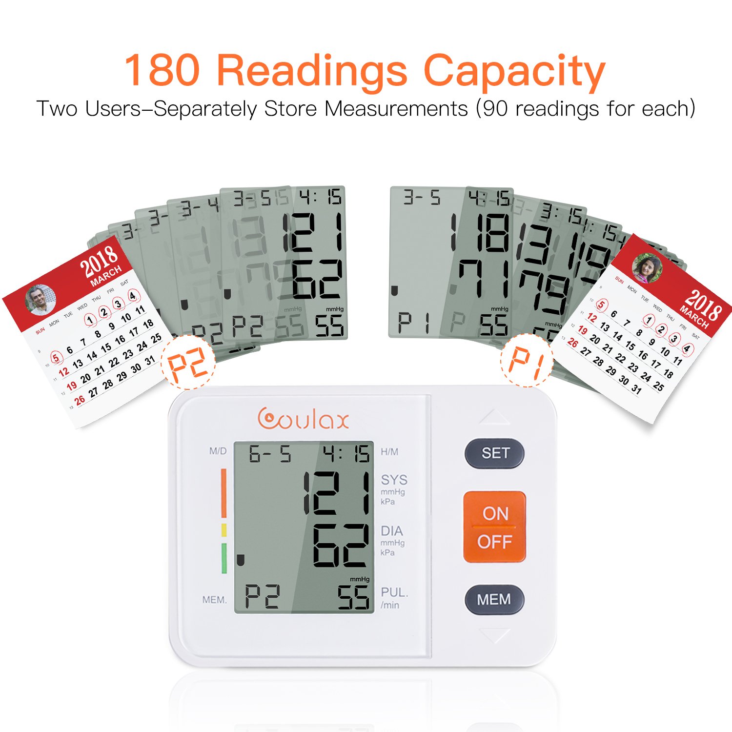 COULAX Digital Blood Pressure Monitor with WHO Indicator and Large LCD Screen for 2 Users Automatic Electronic Monitor with Adjustable Size Fits All Cuff,measuring for Blood Pressure and Heartbeats