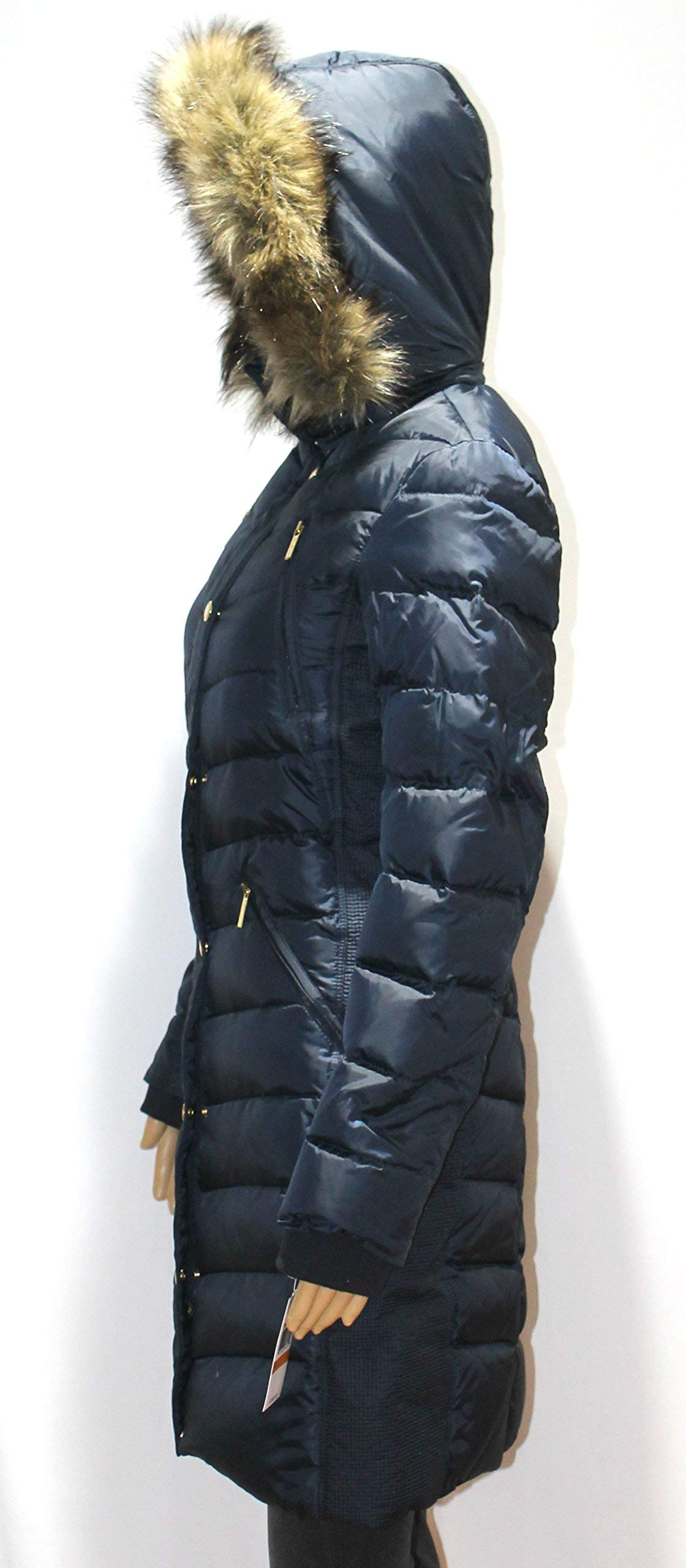 MICHAEL Kors Hooded Faux Fur Down Puffer Coat women's NAVY Knit panels