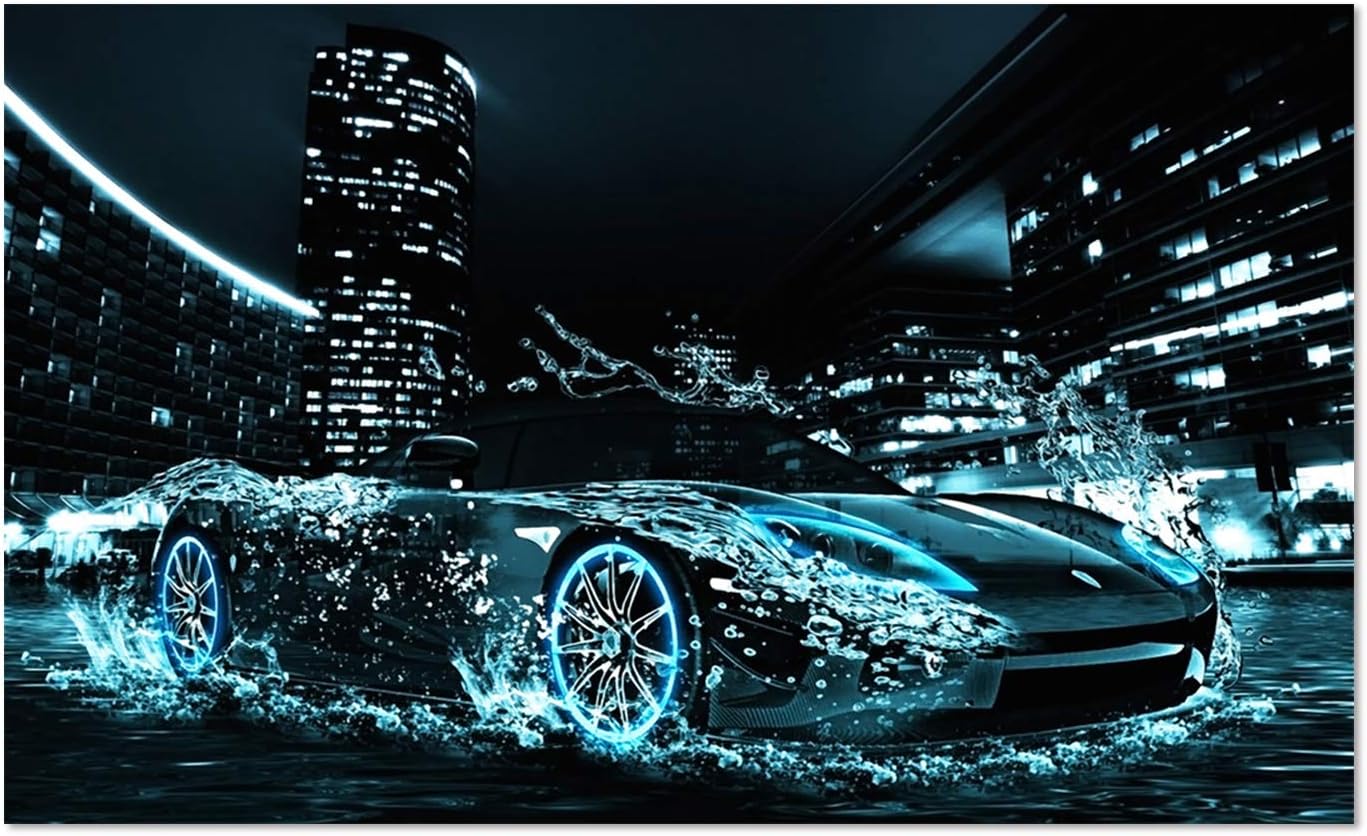 CUFUN Art- DIY 5D Diamond Painting by Number Kits Rhinestone Crystal Embroidery Pictures Cross Stitch Art Craft for Home Decor Full Drill, Blue Overwater Sports Car 45x30cm