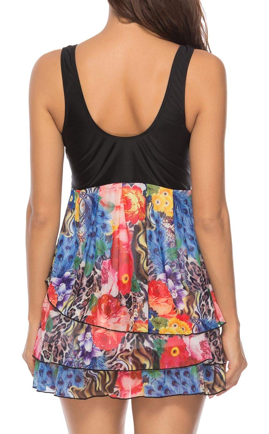Women Tummy Control Swimdress Swimwear Print Skirted Two Piece Swimsuit Tankini Top Set with Brief Floral Print M