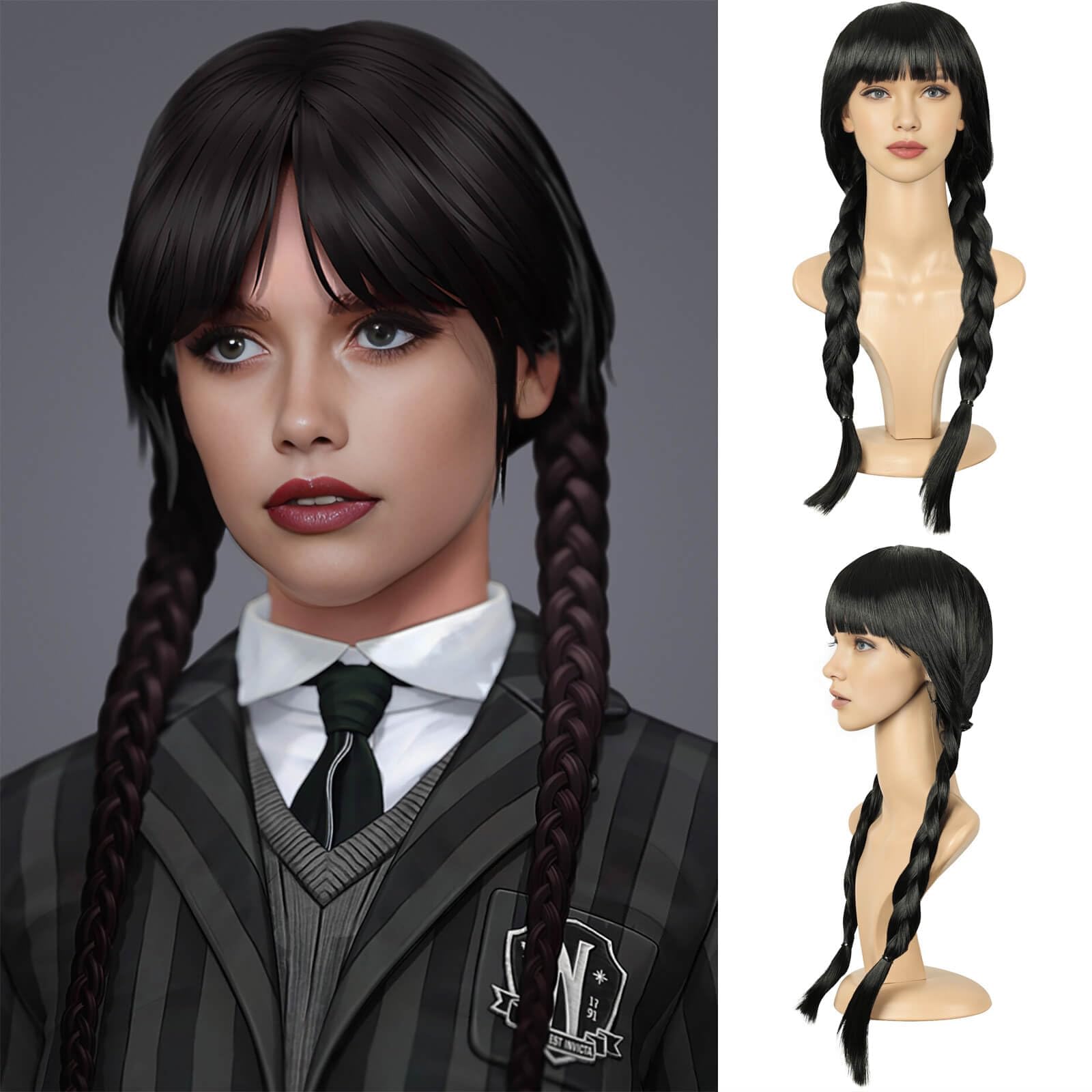 QUEENTAS 19Inch Long Braided Wigs for Women Black Long Straight Hair Costume Wigs for Halloween Party Cosplay โ image 1