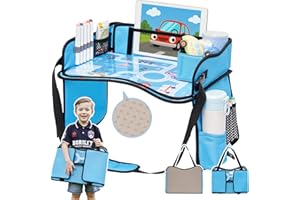 OUOZZZ Kids Travel Tray for Car - Boy's Safety Seat Table, Toddler Road Trip Essentials - Carseat/Airplane Lap Desk with Weight-Relief Strap, Non-Skid Silicone Base, Waterproof Dining/Craft Mat