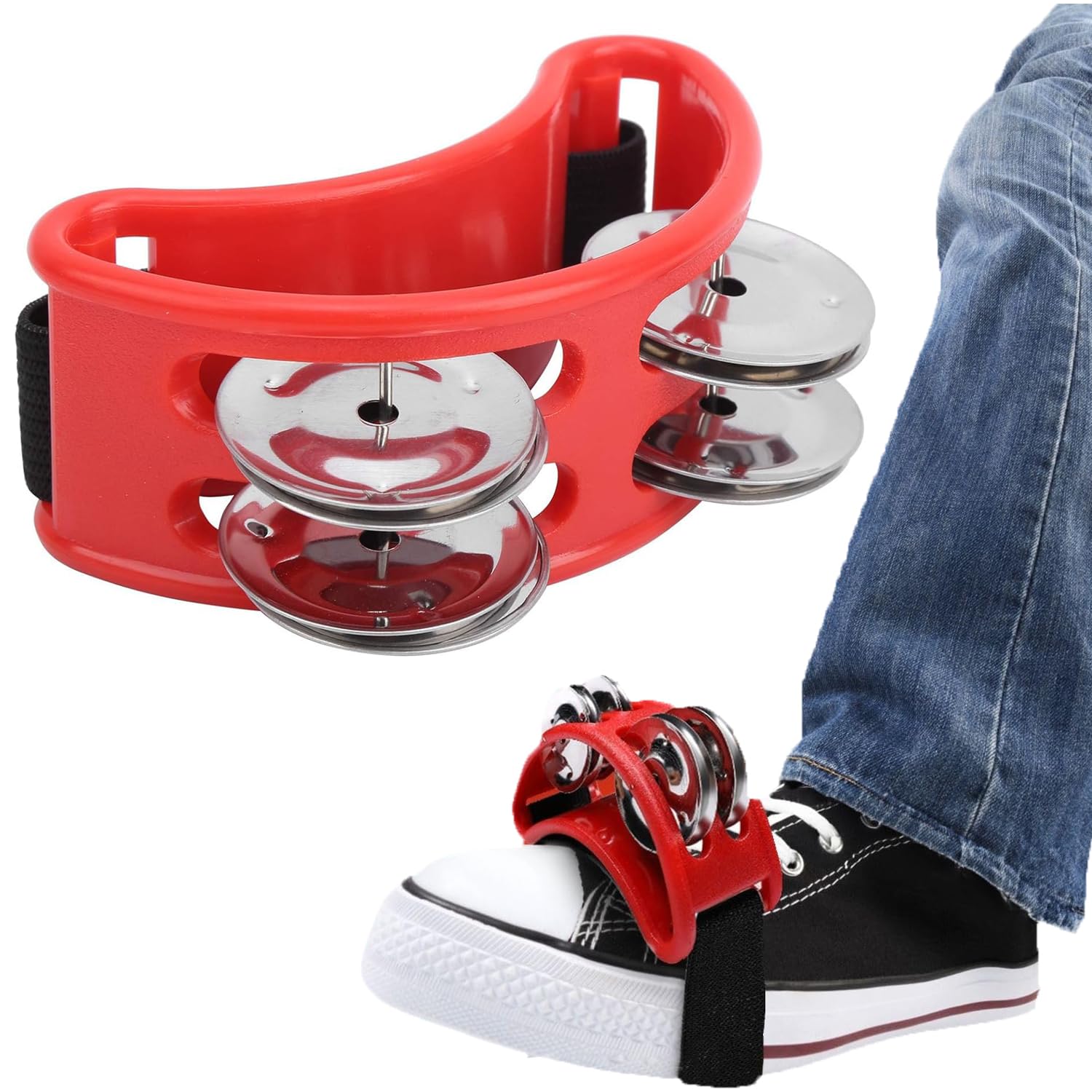 Norhogo 1pcs red Foot Tambourine Percussion Musical Instrument, Foot Tambourine with Stainless Steel Jingles Guitar Players, Musicians, Singers, Music Class, Bands and more
