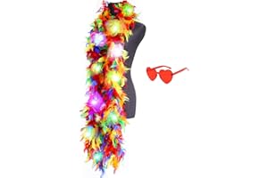 JICASTO Colorful Feather Boas, 6.6ft Boa with 20 Color Lights for Women for Dancing Party Halloween,with Heart Sunglasses