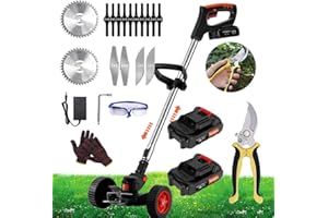 DOMPOU Cordless String Trimmer Weed Wacker Battery Powered 3 in 1Electric Weed Wacker with 2 Battery, Charger, 10 Plastic Blades, 4 Stainless Steel Blades, 2 Round Metal Saw Blades, and Wheels, 3.9lb