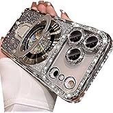 Changjia Magnetic Stand Glitter Case for iPhone 17 Pro,[Compatible with Magsafe] Luxury Bling Sparkly Rhinestones Diamond with Camera Lens Protector&Kickstand Women Girls Case for iPhone 17 Pro,Silver