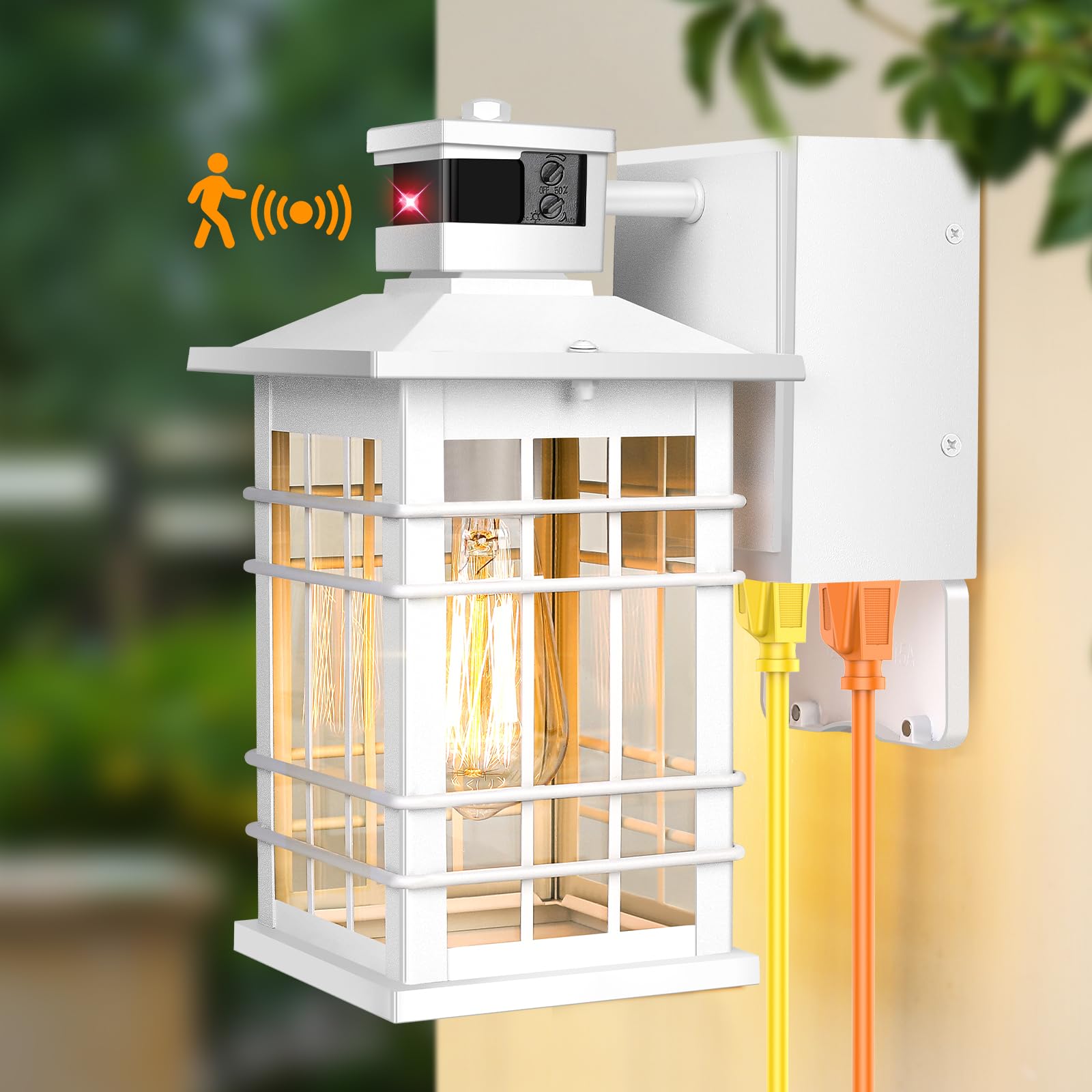 Photo 1 of Porch Light with GFCI Outlets Built-in, Motion Sensor Dusk to Dawn Outdoor Light Fixture Wall Lantern, Aluminum Anti-rust Outside Wall Sconce Front Door, White Exterior Wall Light for Patio Garage