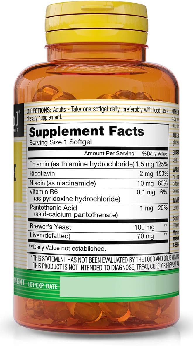 Mason Natural, Vitamin B Complex Multivitamin, Softgel, 100-Count Bottles (Pack of 3), Dietary Supplement Supports Energy Production, Nervous System, and Cognitive Function Including Memory: Health & Personal Care