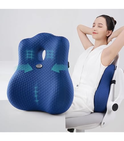 Taylor & Brown Memory Foam Lumbar Support Cushion Ergonomic Back Pillow For Pain Relief Home, Office, Car, Travel Blue