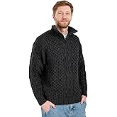 SAOL Men’s Aran Zip Neck Sweater – 100% Wool Fisherman Knit Pullover – Made in Ireland