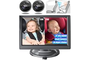 ECOCONUT Baby Car Camera Dual Channel, 5'' HD 1080P Monitor & 2 Camera, Split Screen Display, Night Vision & 150° Wide View Baby Car Mirror Camera for Rear Facing Seat Backseat, Plug and Play, 360° Rotation