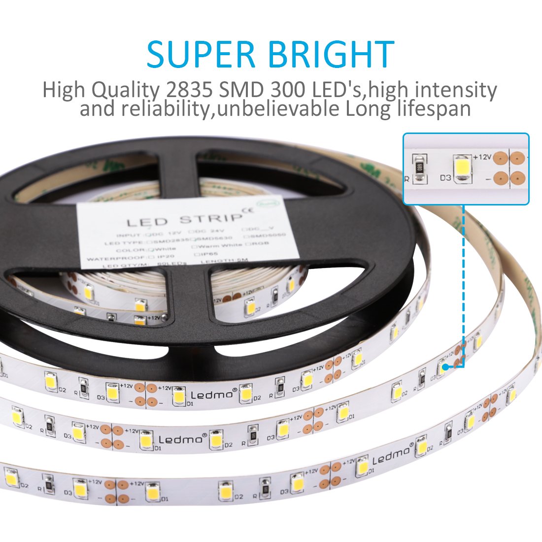 LEDMO LED Strip Lights, Upgarded SMD2835 300LEDs Cool White 6000K 16.4Ft LED Light Strip with DC12V 5A Power Supply