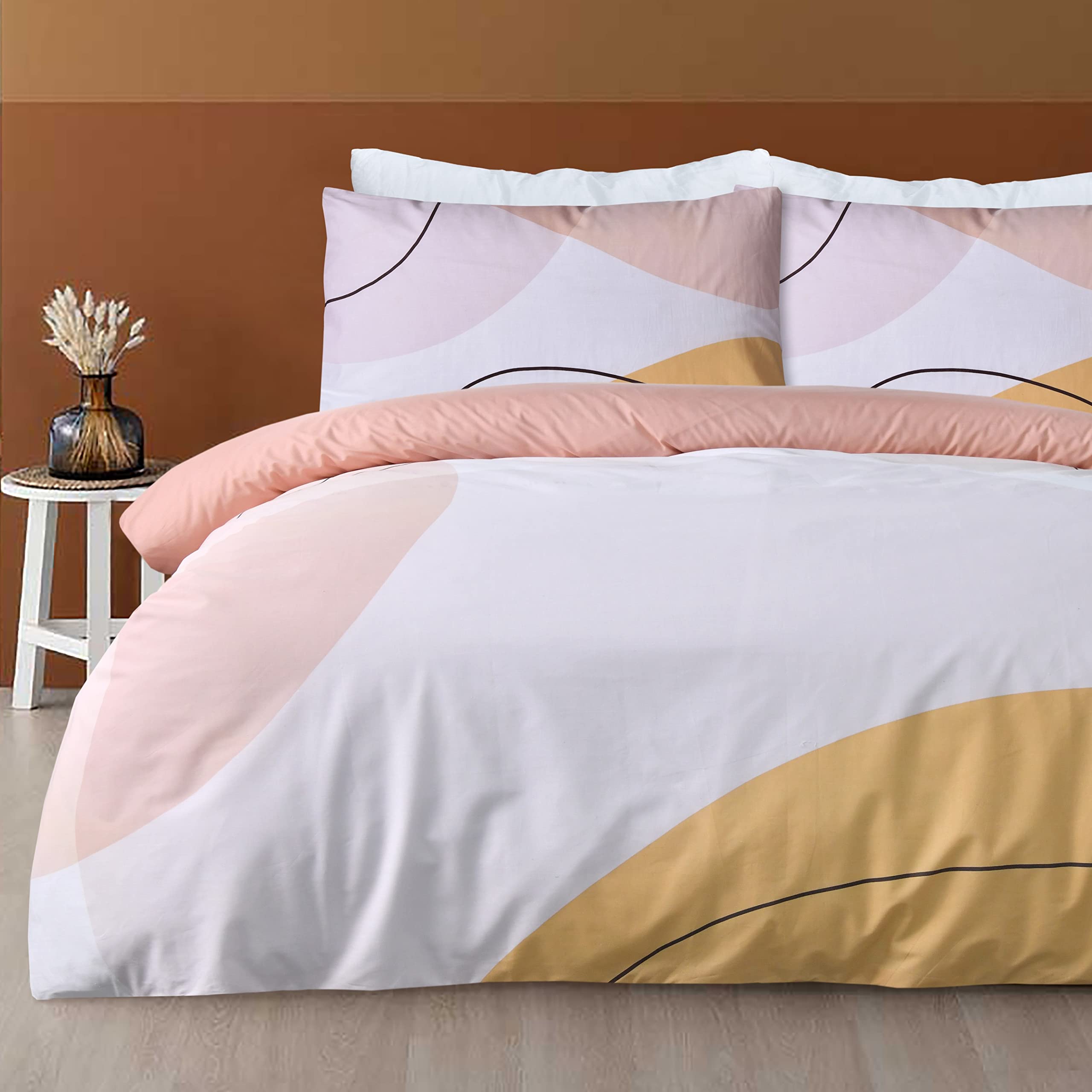 Sleepdown Oversize Geometric Panel Blush Pink Reversible Duvet Cover Quilt Pillow Cases Bedding Set Soft Easy Care - Double (200cm x 200cm)