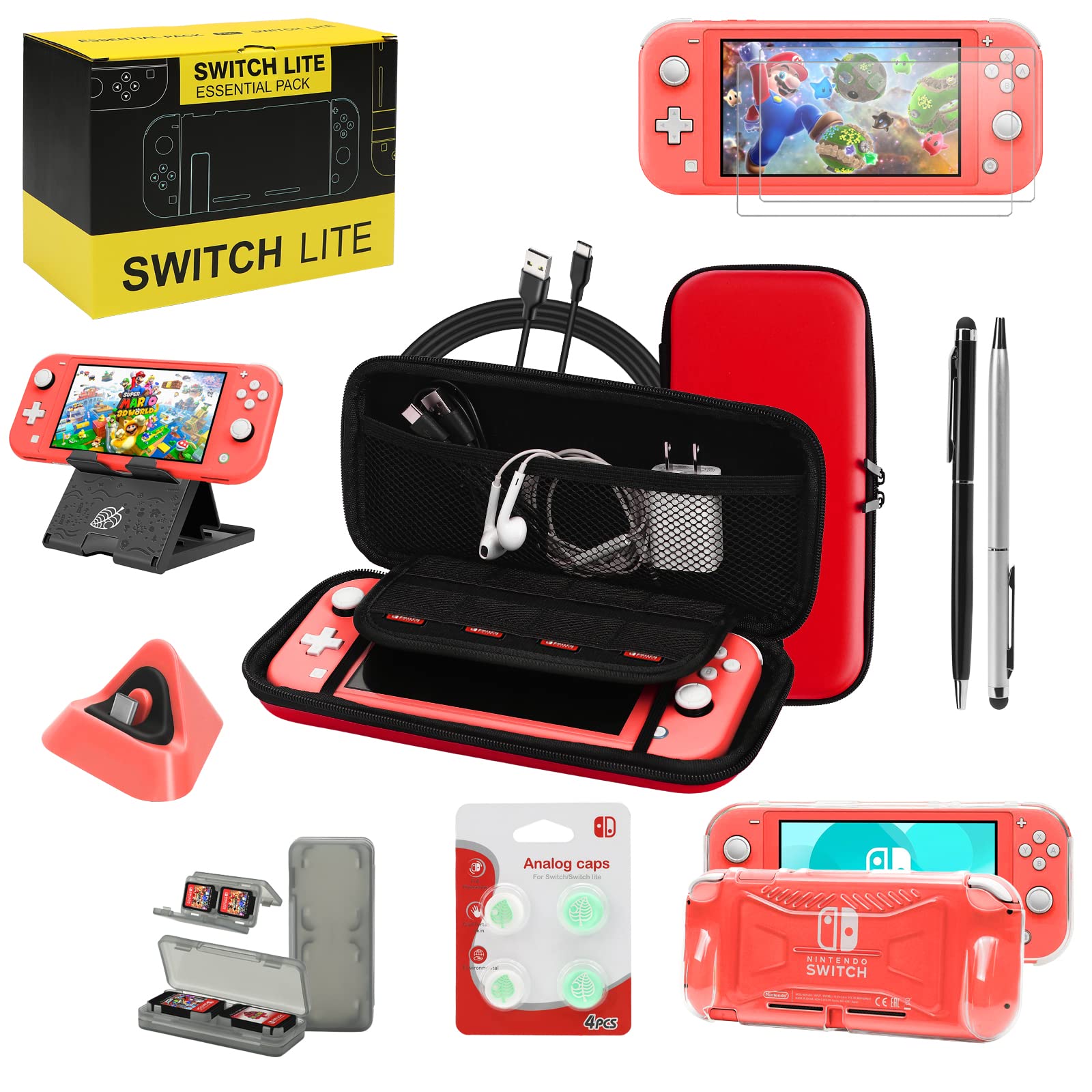 Switch Lite Accessories Bundle, Kit with Carrying Case,TPU Case Cover with Screen Protector,Charging Dock,Playstand, Game Card Case, USB Cable, Stylus,Thumb Grip Caps for Nintendo Switch Lite (Red)