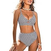 CUPSHE Women's Bikini Set High Waisted Two Piece Swimsuit Twist Front Cutout Bathing Suit Full Coverage Ruched