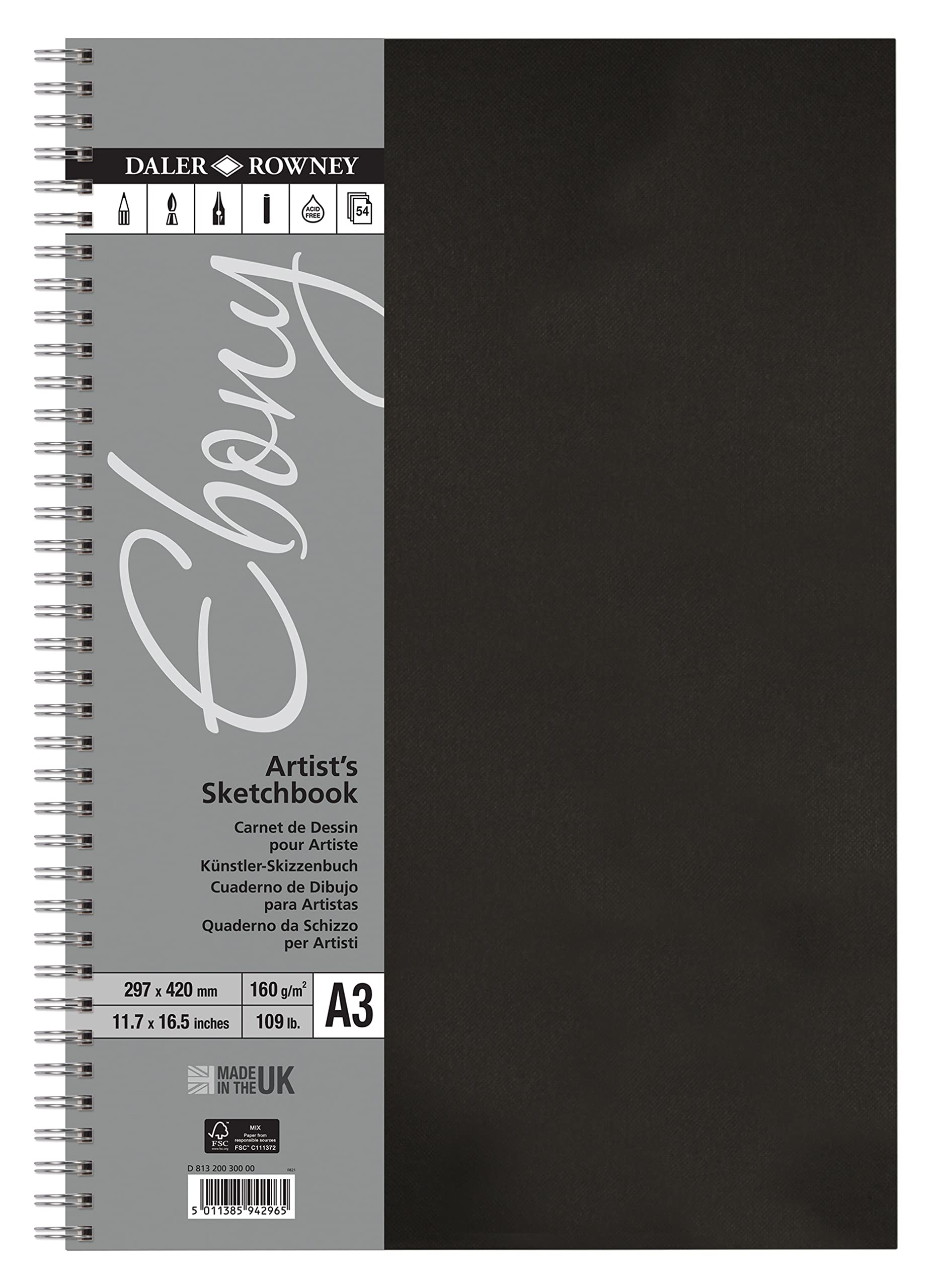 Daler-Rowney Ebony 160gsm A3 Smooth Portrait Sketchbook, Spiral Bound, 54 Natural White Sheets, For Professional Artists & Students