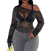 SOLY HUX Women's Plus Size T Shirts See Through Sheer Tops Off The Shoulder Long Sleeve Sexy Sparkly Tee