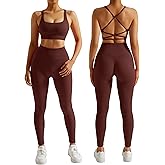 RXRXCOCO Ribbed Workout Sets for Women 2 Piece Backless Strappy Sports Bra Seamless Leggings Matching Set Yoga Outfits