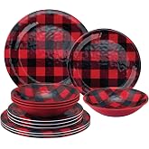 UPware 12 Piece Buffalo Plaid Melamine Dinnerware Sets, Outdoor Dishes Set, Plates and Bowls Sets, Christmas Decorations, Service for 4, Red