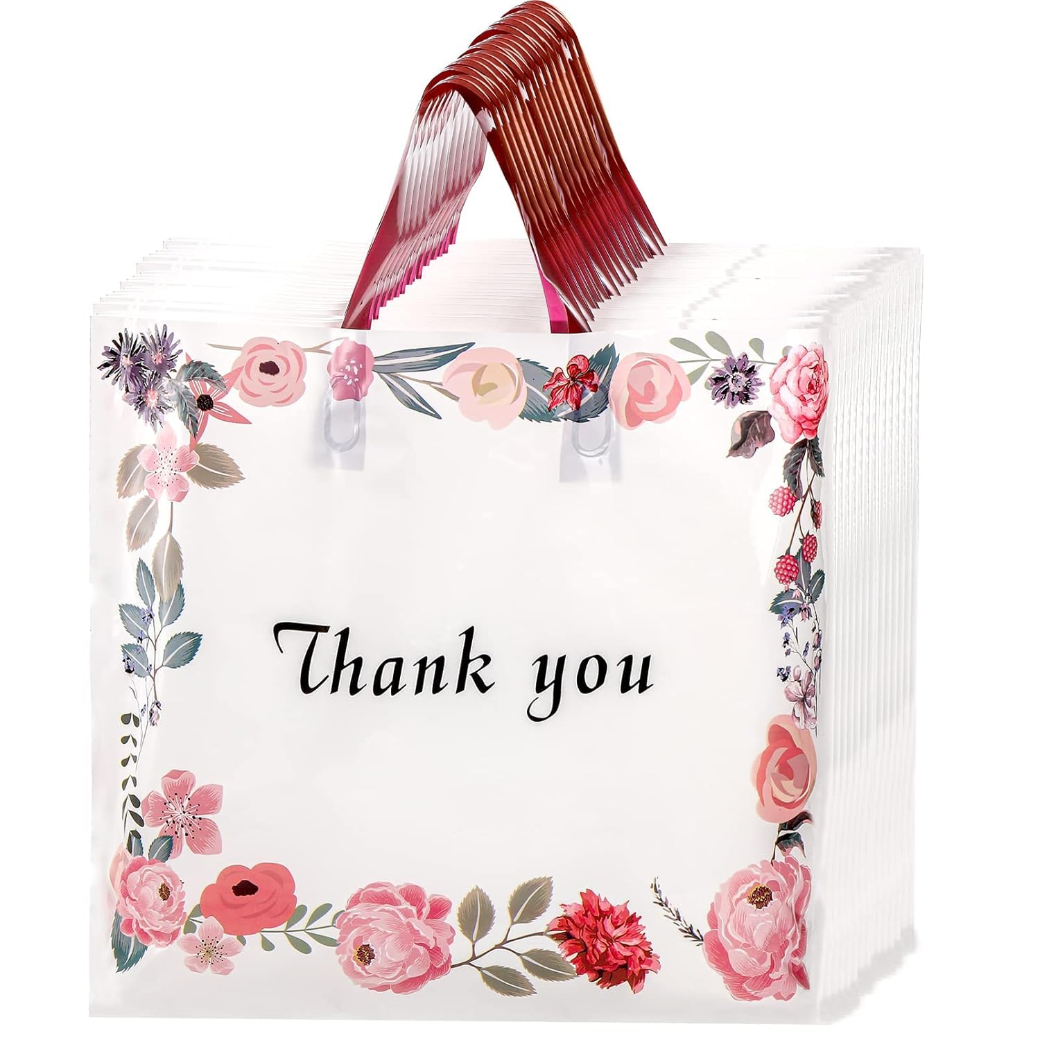 SOUJOY 60 Pack Thank You Bag, Plastic Shopping Bag with Handles, 36cm × 31cm Spring Flowers Reusable Merchandise Bags, Gift bag for Boutique, Clothing, Retail, Party, Valentine's Day