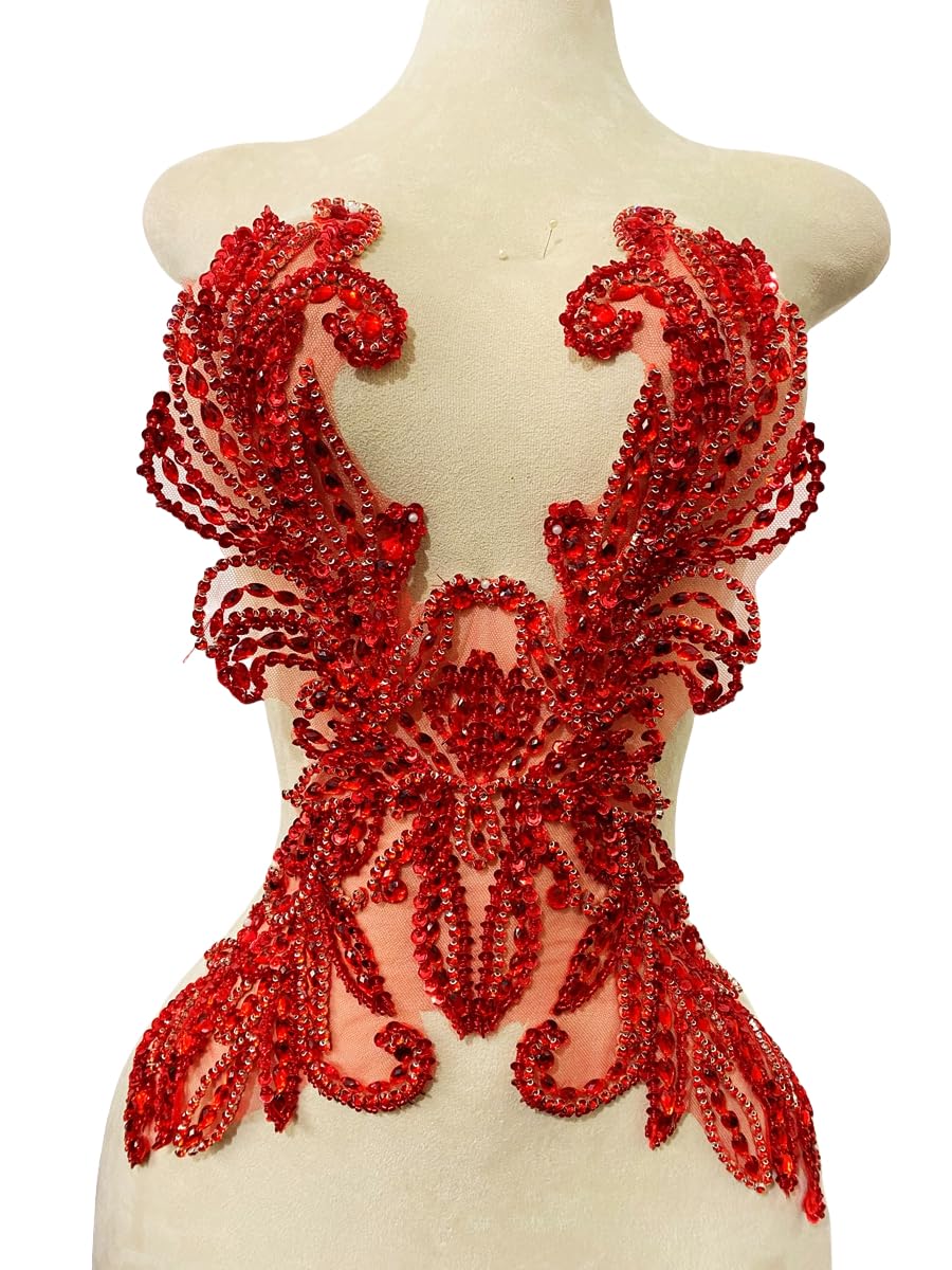 Photo 1 of BD.SUN Pure Handmade Rhinestones Beads Applique sew on Crystal Sequins lace Trim Patches Accessories for Dress Clothing Shiny Bead Decorative Material 14.5X18.5inches (Red)